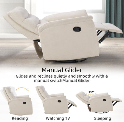 Swivel Rocker Recliner, Nursery Glider Chair, Manual Chairs Swivel Glider Recliners with Soft Backrest, Fabric Manual Reclining Sofa for Living Room Bedroom Apartment, Beige