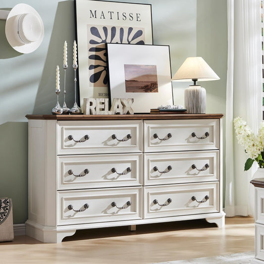 Farmhouse 6 Drawers Dresser for Bedroom, 54" Wide Wood Rustic Chest of Drawers with Natural Texture, Vintage Design, Storage Dressers Organizer for Bedroom, Living Room, Antique White