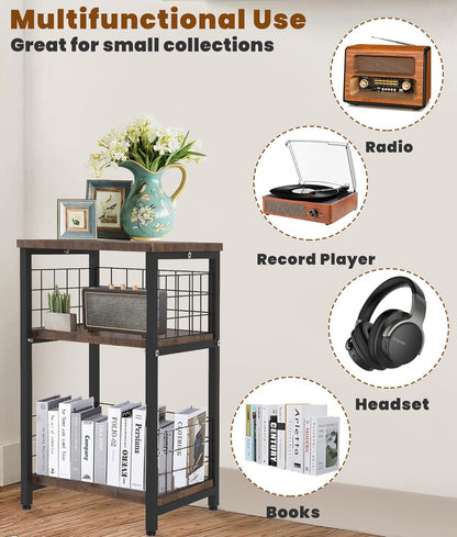 Record Player Stand, 3 Tier End Table with Double Layer Iron Wire Mesh Turntable Vinyl Record Stand Storage up to 100 Albums, Nightstand Small Side Tables for Living Room Bedroom, Black