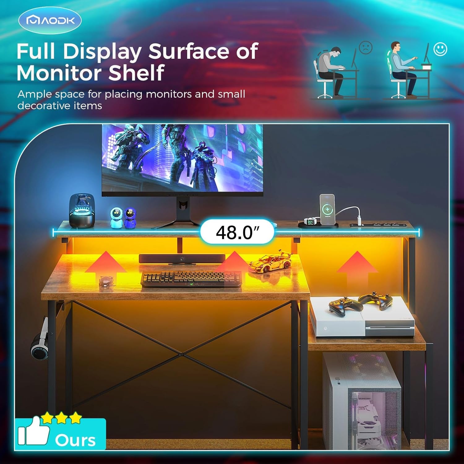 Computer Desk, 48 Inch Gaming Desk with Led Lights & Power Outlet, Office Desk with Storage Shelves, Reversible Desk with Monitor Shelf & Headphone Hook, White