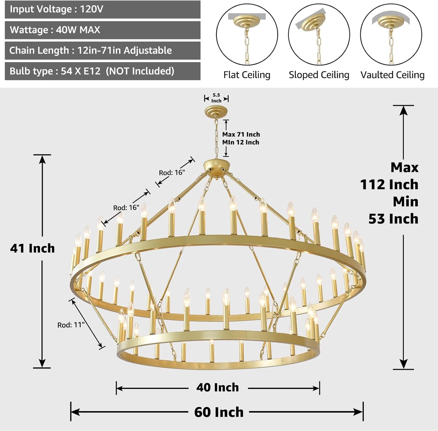 2 Tier Gold Wagon Wheel Chandelier 54-Light, 60 Inch Modern Large Foyer Lighting, Farmhouse Industrial Satin Gold Chandeliers for High Ceilings Dining Room Living Room Foyer Hall