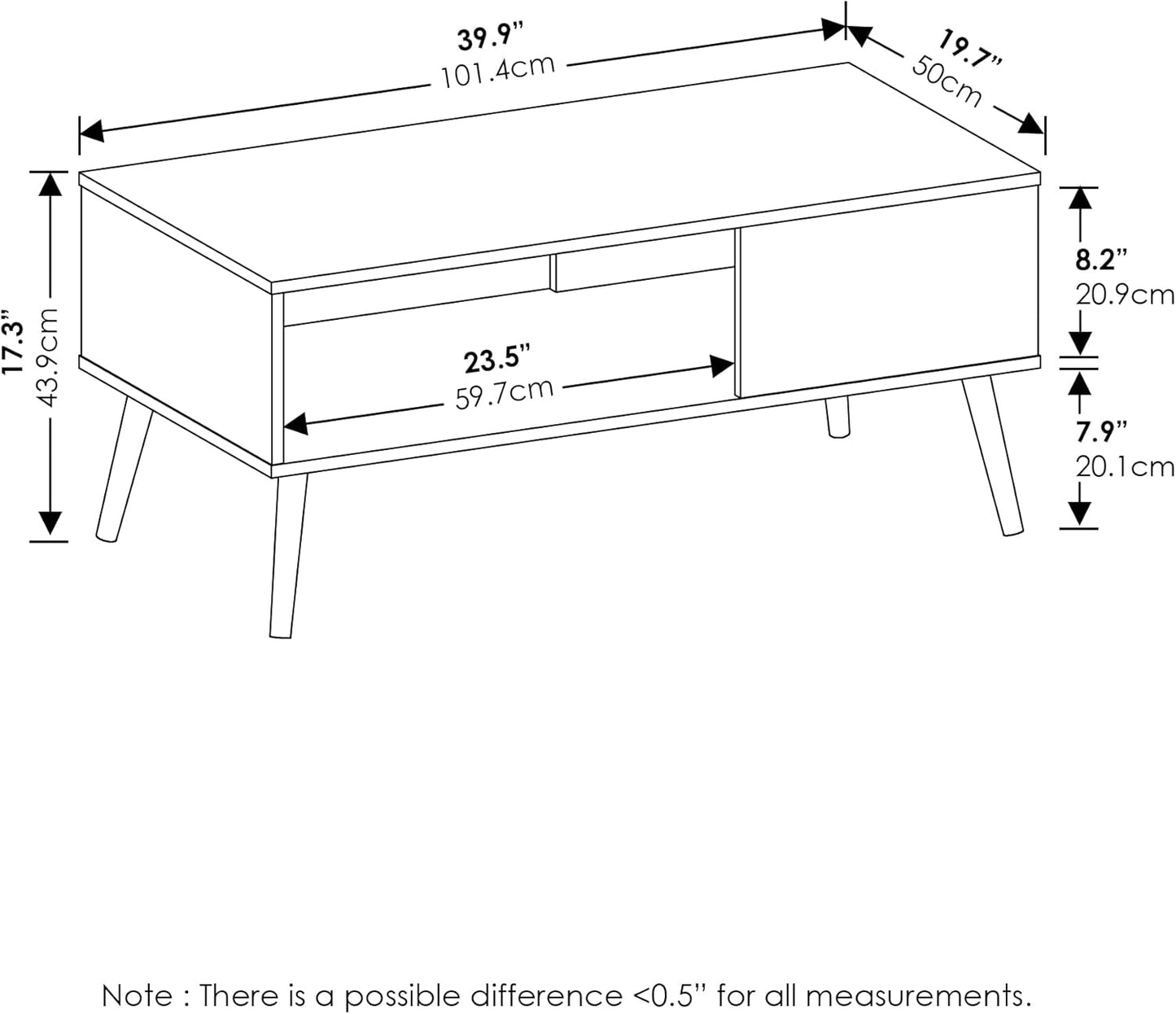 Claude Mid Century Style Coffee Table with Wood Legs, French Oak Grey Large Non-Lift Top