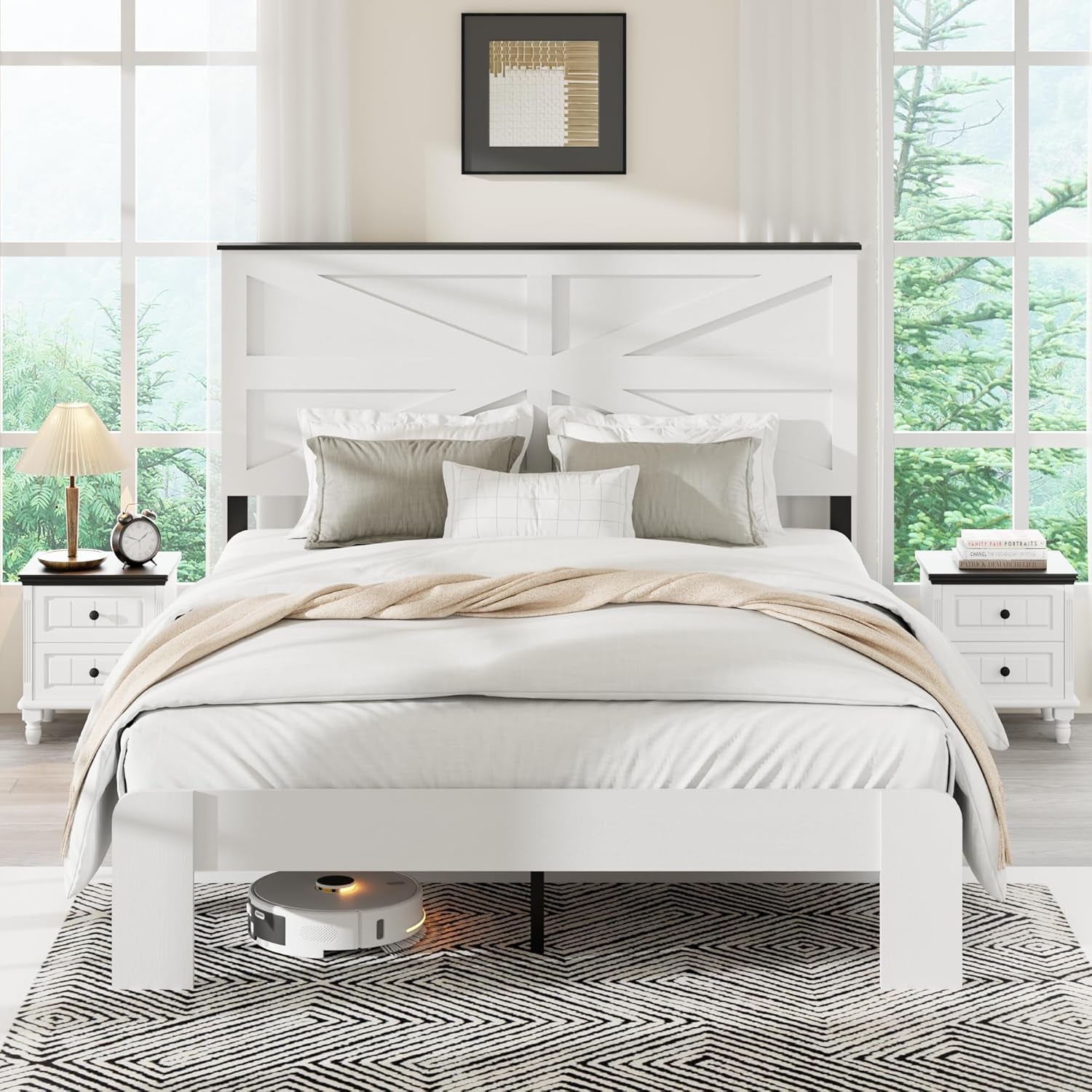 Farmhouse Queen Size Wooden Bed Frame with Headboard, Boho Platform Bedframe, Sturdy Metal Slats Support, No Box Spring Needed, Noise Free, Easy Assembly, White