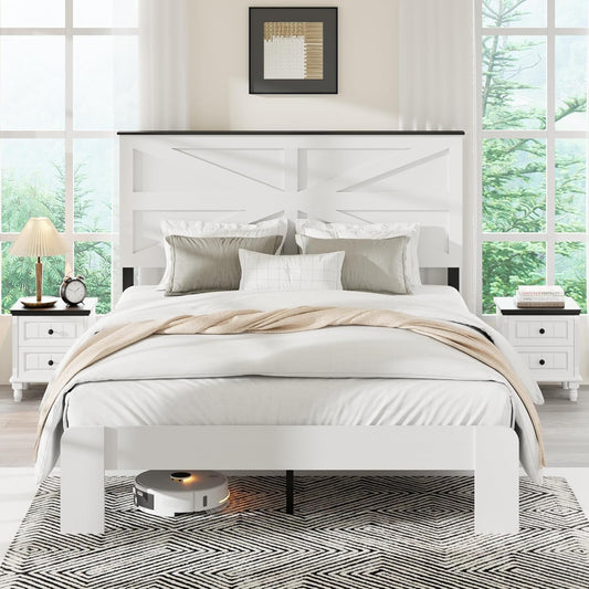 Farmhouse Queen Size Wooden Bed Frame with Headboard, Boho Platform Bedframe, Sturdy Metal Slats Support, No Box Spring Needed, Noise Free, Easy Assembly, White