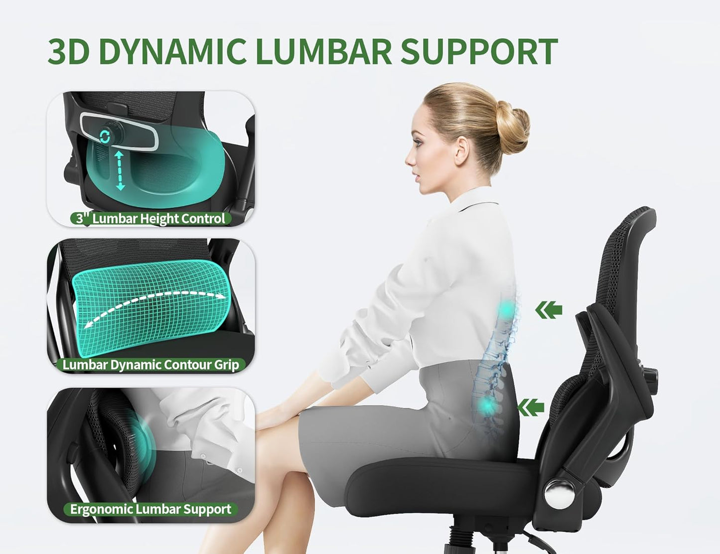 Office Chair Ergonomic Desk Chair Comfy: 400LBS Mesh Computer Chair Ergonomic Gaming Chairs with Wheels Adjustable Lumbar Support and Flip up Armrest-Swivel Executive Chairs Long Hours(Black)