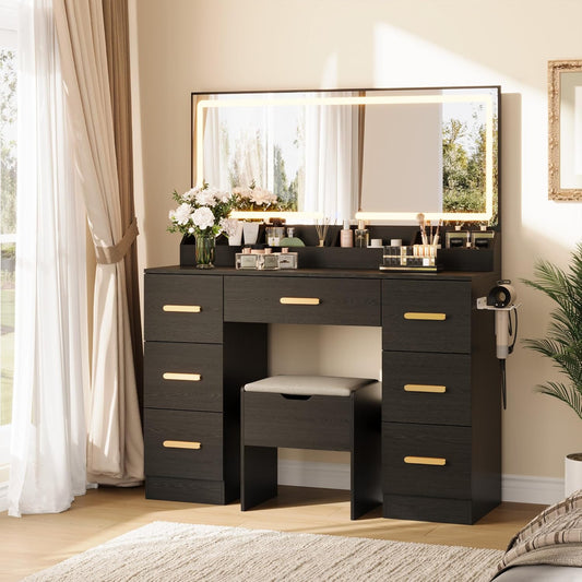 Vanity Desk with Large Mirror and Lights, 45.9In Makeup Vanity Desk, 3 Lighting Modes Adjustable Brightness, Vanity Table with Power Outlet &8 Drawers, for Powder Room and Bedroom
