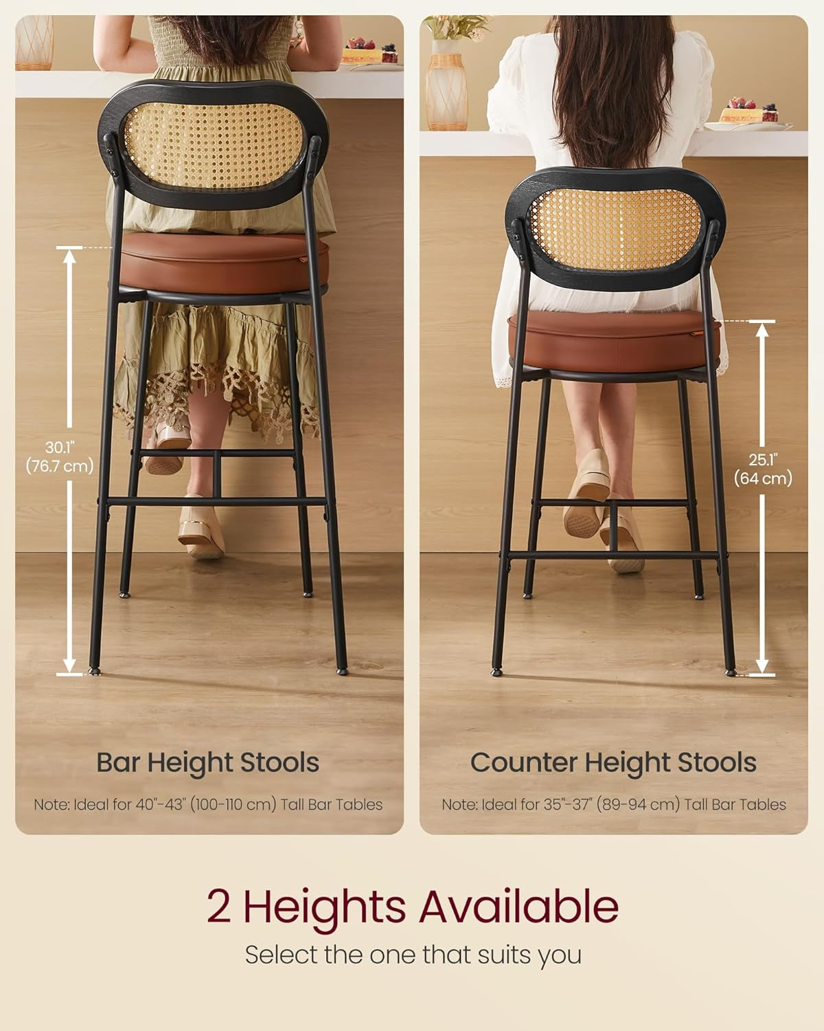 Bar Stools Set of 2, Bar Height Stools with Rattan Back and Metal Legs, 25.1-Inch Tall Counter Chairs, Modern Leather Upholstered Barstools for Kitchen Island Dining Room, Caramel Brown