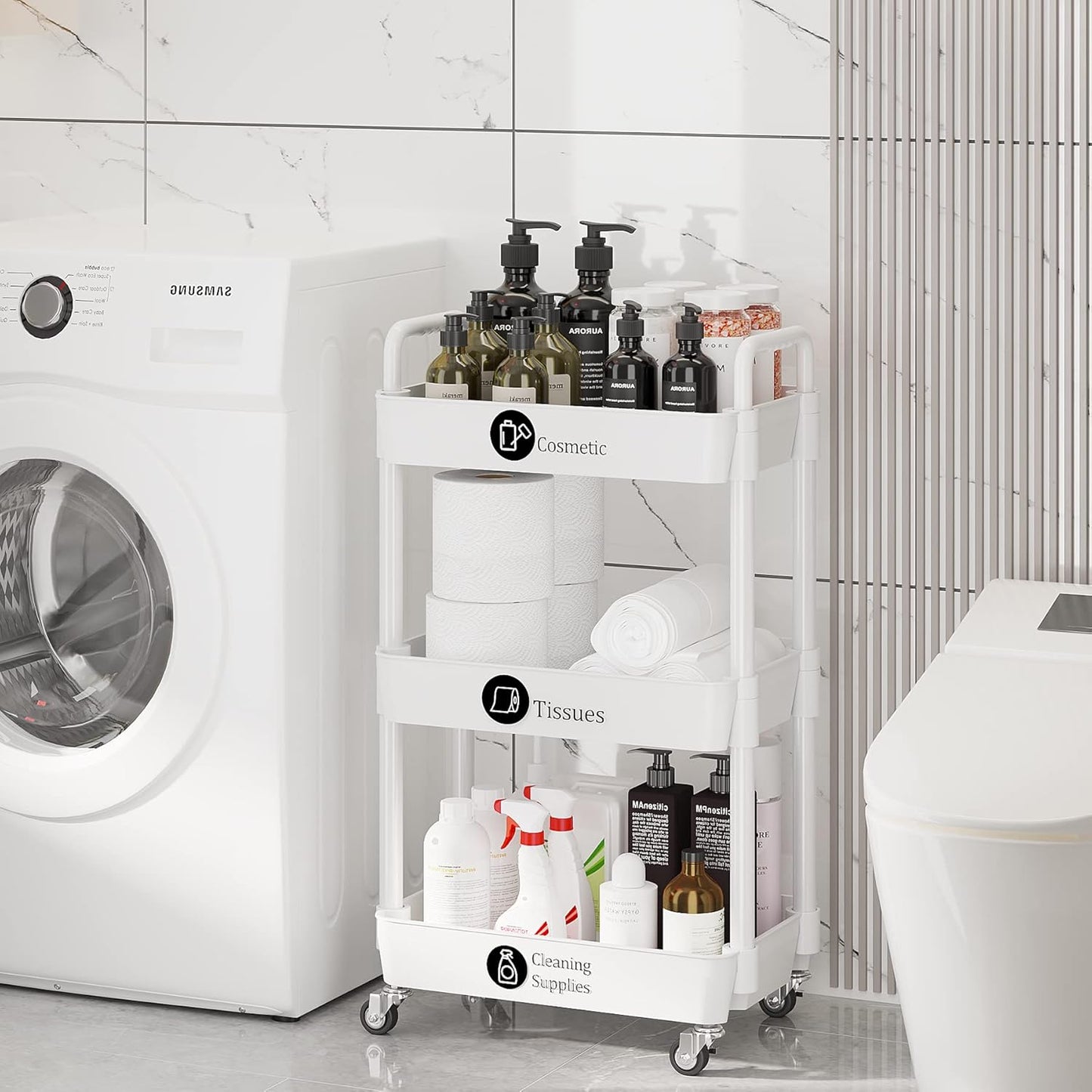 3-Tier Rolling Cart with Wheels,Multifunction Utility Storage Carts, Kitchen Storage Organizer,Mobile Shelving Unit for Bathroom,Laundry,With Classified Stickers,White