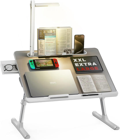 Laptop Bed Tray Desk with LED Desk Light, Adjustable Laptop Stand for Bed, Xx-Large PVC Leather Foldable Table with Book Stand, Wrist Rest, Extra Leg Room (Grey)