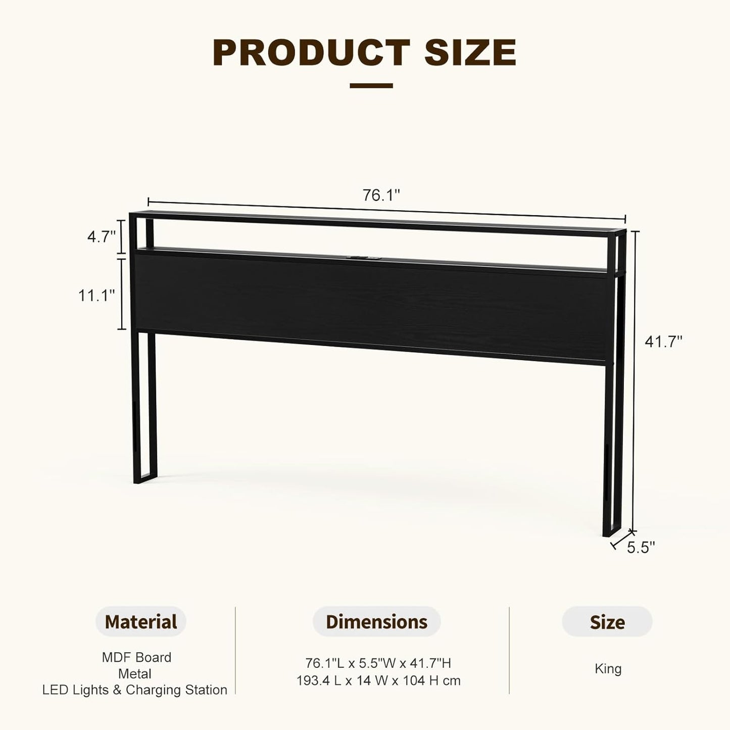 King Size Storage Headboard with LED Lights & Charging Station - Industrial Metal and Wood King Headboard Only for Bedroom, Attach Frame, Easy Assembly - Black