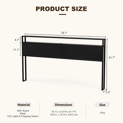 King Size Storage Headboard with LED Lights & Charging Station - Industrial Metal and Wood King Headboard Only for Bedroom, Attach Frame, Easy Assembly - Black