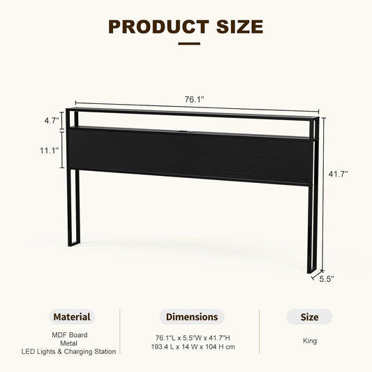 King Size Storage Headboard with LED Lights & Charging Station - Industrial Metal and Wood King Headboard Only for Bedroom, Attach Frame, Easy Assembly - Black
