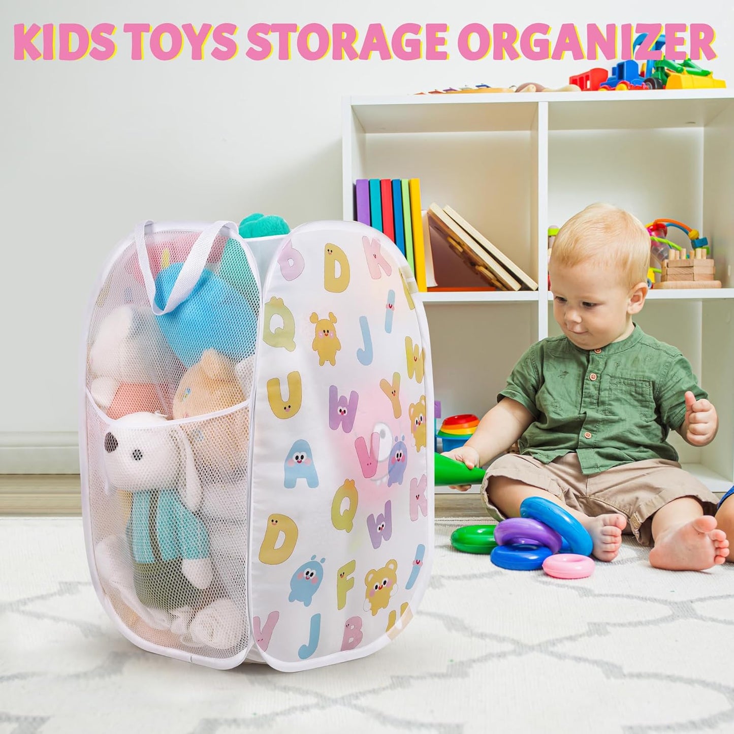 Collapsible Pop up Hamper for Baby Clothes or Toys Storage, Mesh Hamper with Handles & Side Pocket, Multi-Use Laundry Hamper & Toy Basket, Portable for Home, Travel, Dorm(White-Vertical)