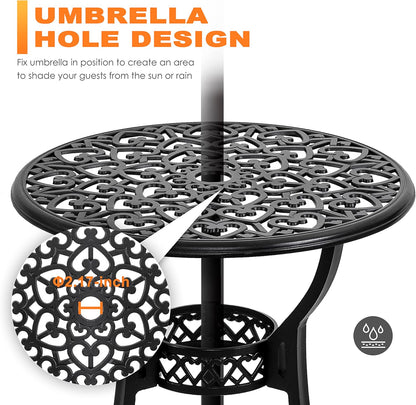 Outdoor 3-Piece Bistro Set with Cushions, round 24 Inch Cast Aluminum Bistro Table with 2.17" Umbrella Hole, 2 Cast Aluminum Bistro Chairs, for Patio, Garden, Backyard and Balcony, Black