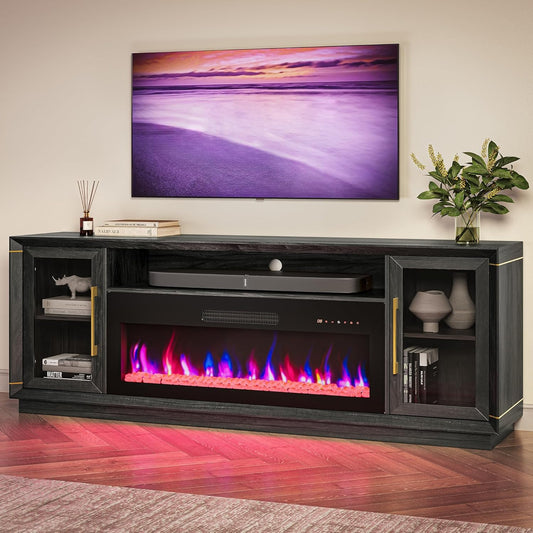 74" Extra Large TV Stand for Tvs up to 85", Media Console Table with 42" Electric Fireplace Heater, Entertainment Center with Storage Cabinets for Living Room, Bedroom - Sienna (Black Ebony)