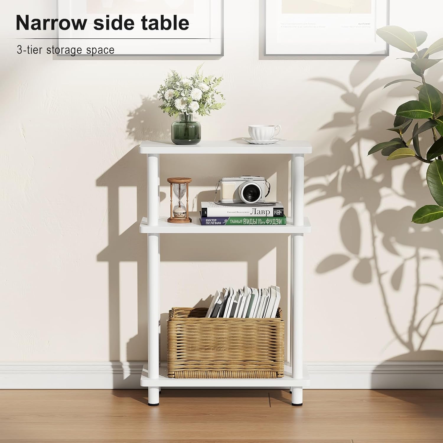 Small Narrow Side Table, 3-Tier Skinny End Table with Storage Shelf, Slim Nightstand Bedside Table for Small Spaces, Living Room, Bderoom, White