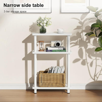 Small Narrow Side Table, 3-Tier Skinny End Table with Storage Shelf, Slim Nightstand Bedside Table for Small Spaces, Living Room, Bderoom, White