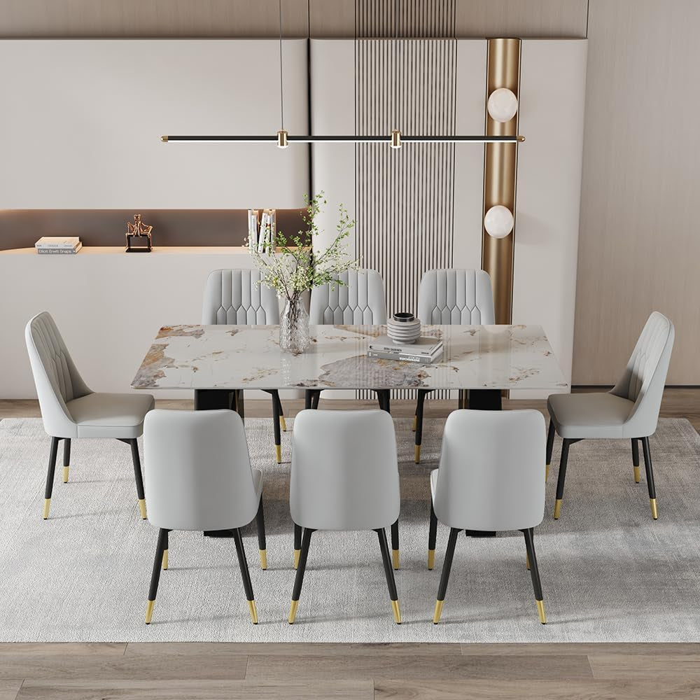 71'' Modern Dining Table Set for 8，Kitchen Table Set for 8, Dining Faux Marble Table Set for 8 with PU Leather Chairs for Kitchen, Dining, Bar, Living Room