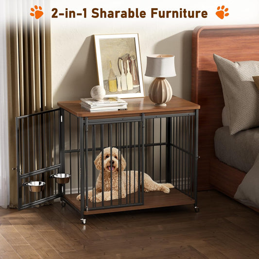 Dog Crate Furniture, 41’’ Wooden Dog Kennel Indoor with Sliding Front Door, Multi-Side Openings & Feeding Window Pet Cage House as TV Stand, End Table