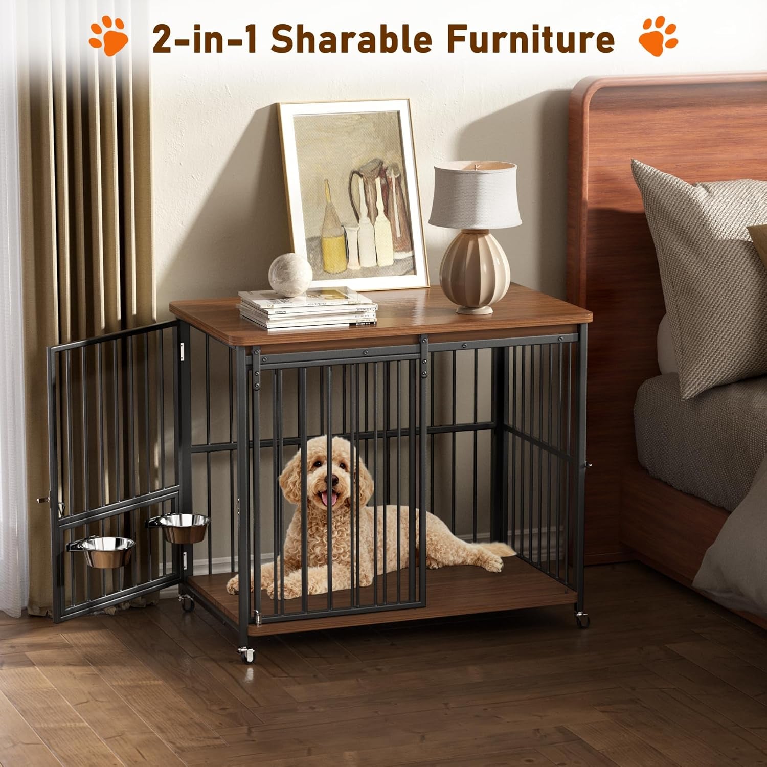 Dog Crate Furniture, 32’’ Wooden Dog Kennel Indoor with Sliding Front Door, Multi-Side Openings & Feeding Window Pet Cage House as TV Stand, End Table for Medium Dogs