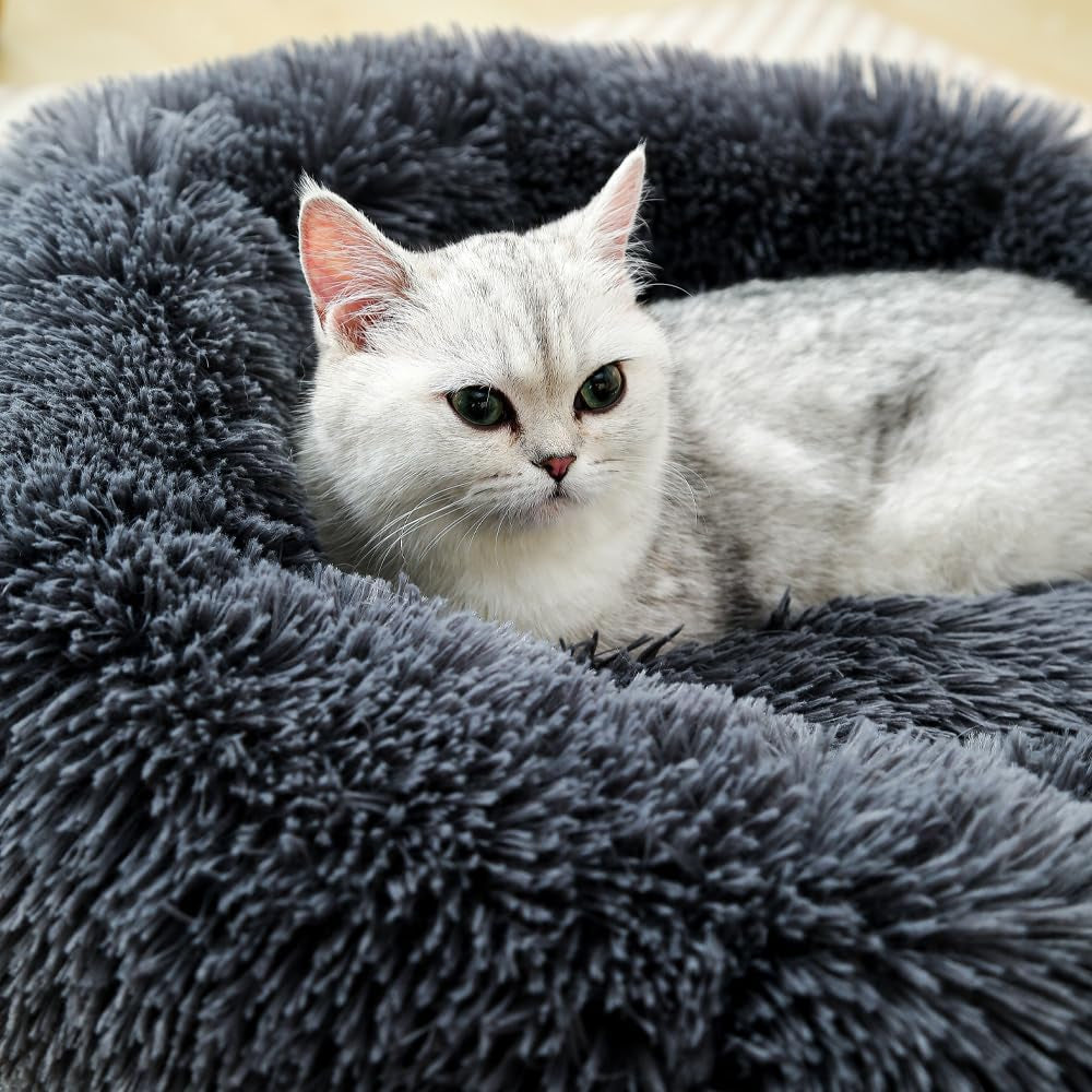 Donut Dog Bed Cat Bed Fluffy Calming Pet Bed Dog round Bed Cat round Bed Warm Kitten Nest Ideal for 3Kg Pet, Small, Dark Light