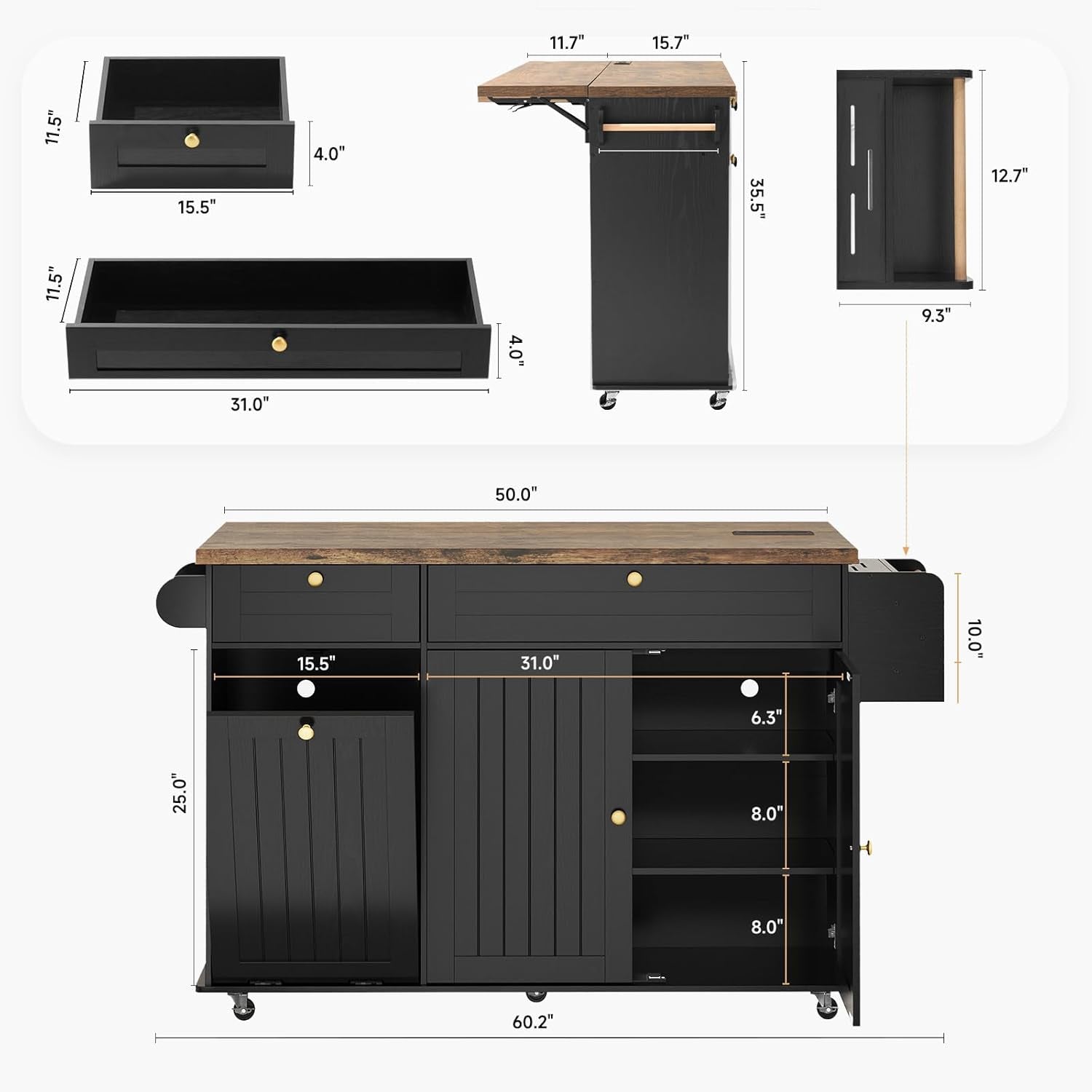 60" Rolling Large Kitchen Island on Wheels with Extendable Table, Drop Leaf & Power Outlet, Mobile Kitchen Cart with Storage Cabinet, 2 Drawers, Spice Rack, Towel & Knife Holder, Black