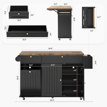 60" Rolling Large Kitchen Island on Wheels with Extendable Table, Drop Leaf & Power Outlet, Mobile Kitchen Cart with Storage Cabinet, 2 Drawers, Spice Rack, Towel & Knife Holder, Black