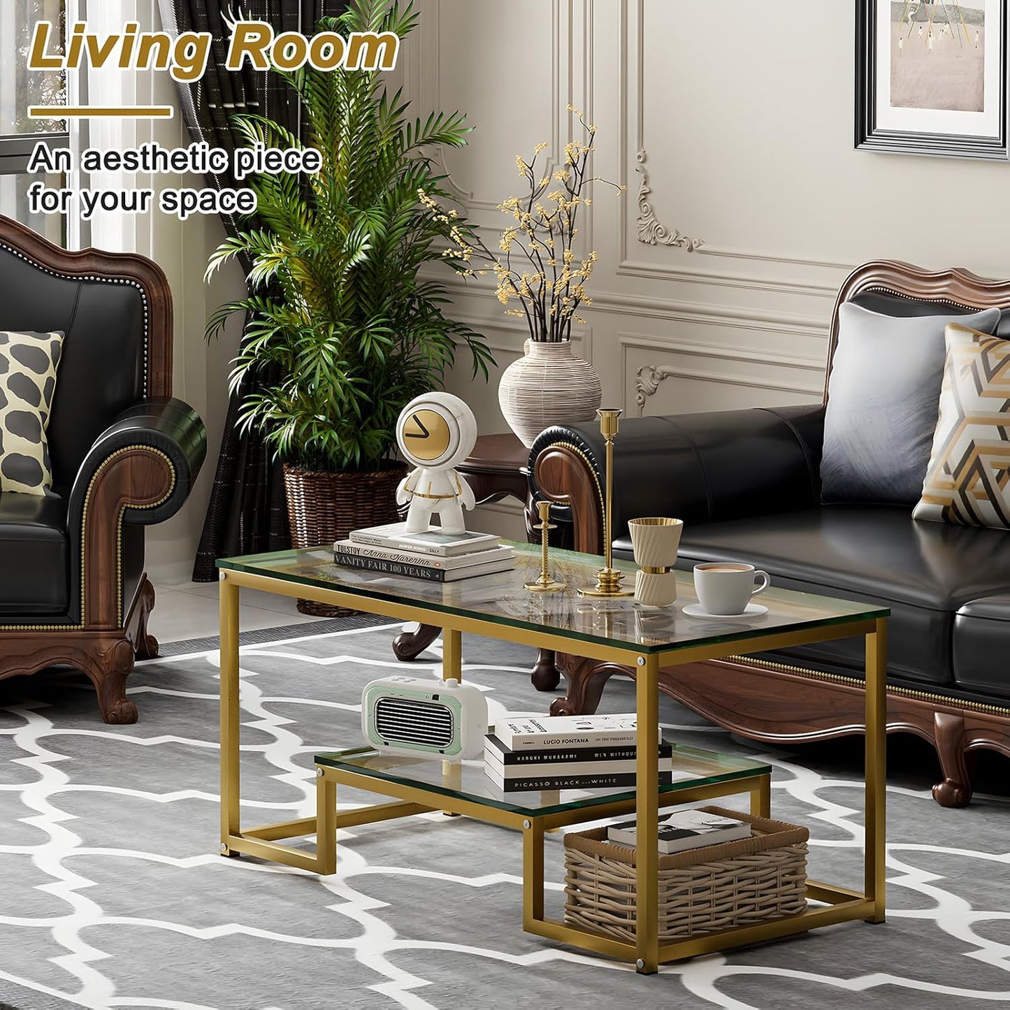 Coffee Table Gold Glass Coffee Table for Living Room,2 Tiers Rectangle Center Table with Sturdy Metal Frame,Modern Tempered Glass Accent Table for Bedroom Home Office