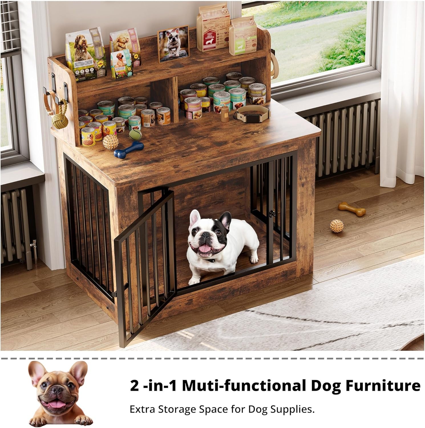 Dog Crate Furniture, 33.4 Inches Wooden Small Dog Crate with Storage and 4 Hooks, Heavy Duty Pet Crate for Small Dog, Decorative Pet Cage for Indoor (22" L X 33.4" W X 37.4" H)