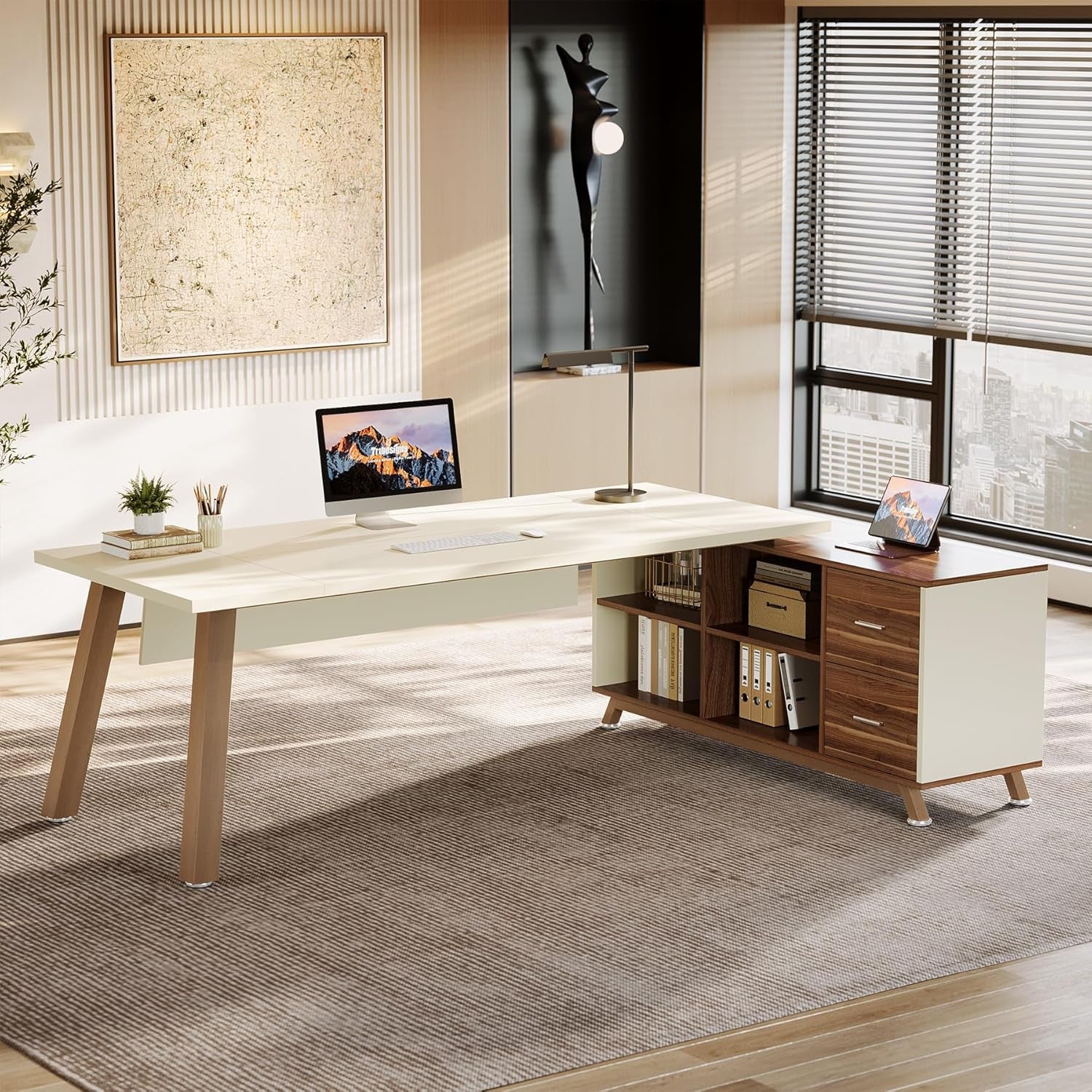 78.7" L-Shaped Executive Desk, Modern Office Desk with File Drawers & Storage Shelves, Large Computer Desk with 55-Inch Cabinet, Business Workstation for Home Office, Beige & Walnut