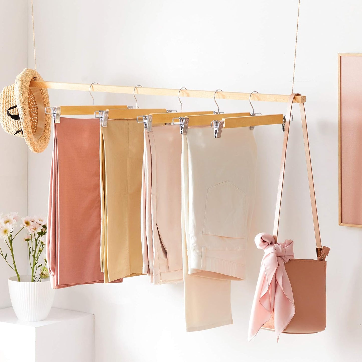 Wooden Pants Hangers 12 Pack, Pants Hangers with Clips, Adjustable Anti-Rust Metal Clips, 360° Swivel Hook, Skirt Hangers for Pant, Skirts, Natural Grain UCRW008-12