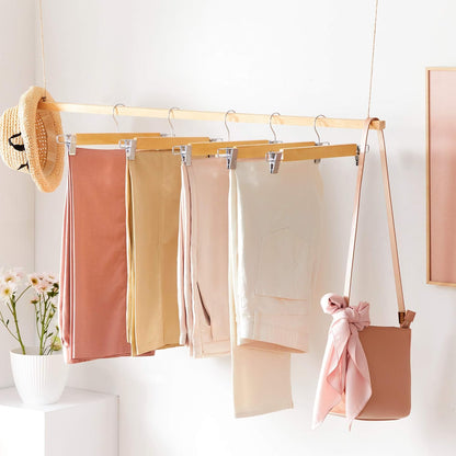 Wooden Pants Hangers 12 Pack, Pants Hangers with Clips, Adjustable Anti-Rust Metal Clips, 360° Swivel Hook, Skirt Hangers for Pant, Skirts, Natural Grain UCRW008-12