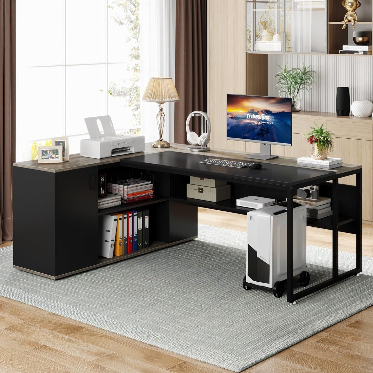 71 Inch Executive Desk, L Shaped Desk with Cabinet Storage, Executive Office Table with Shelves, Business Furniture Set Workstation for Home Office, Gray