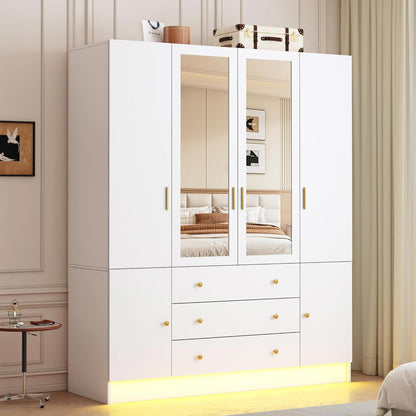 75" Tall 4 Doors Armoire Wardrobe Closet with 3 Drawers, Wooden Wardrobe Cabinet with LED Lights & Mirror, Freestanding Clothing Storage Cabinet with Hanging Rod, Adjustable Shelves