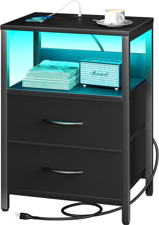 Nightstand with Charging Station, LED Night Stand with Fabric Drawers and Storage Shelf for Bedroom, Nightstands Bedside Tables with USB Ports & Outlets, Small Night Stands, Bed Side Table