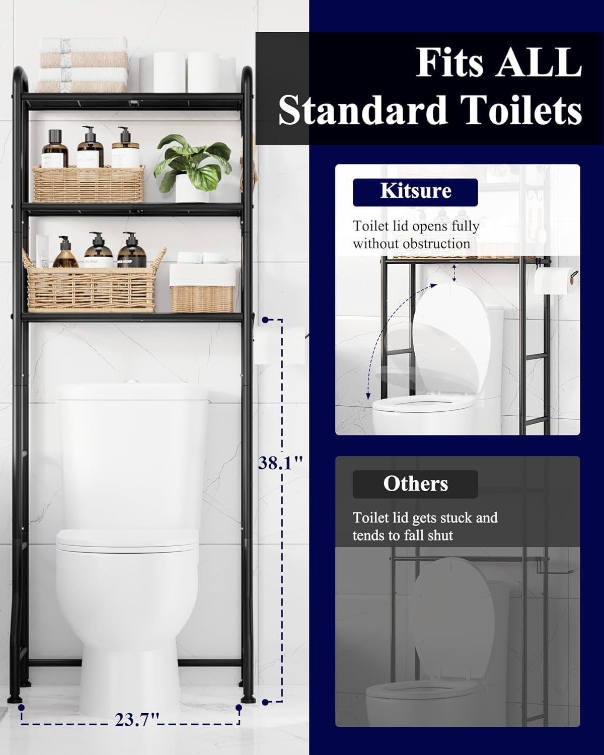 over Toilet Storage Rack - Metal over Toilet Bathroom Organizer Shelf, over the Toilet Storage Cabinet with Paper Holder and Hooks, Bathroom Cabinet for Laundry, Black, 3 Tiers (63.2" H)