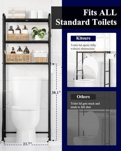 over Toilet Storage Rack - Metal over Toilet Bathroom Organizer Shelf, over the Toilet Storage Cabinet with Paper Holder and Hooks, Bathroom Cabinet for Laundry, Black, 3 Tiers (63.2" H)