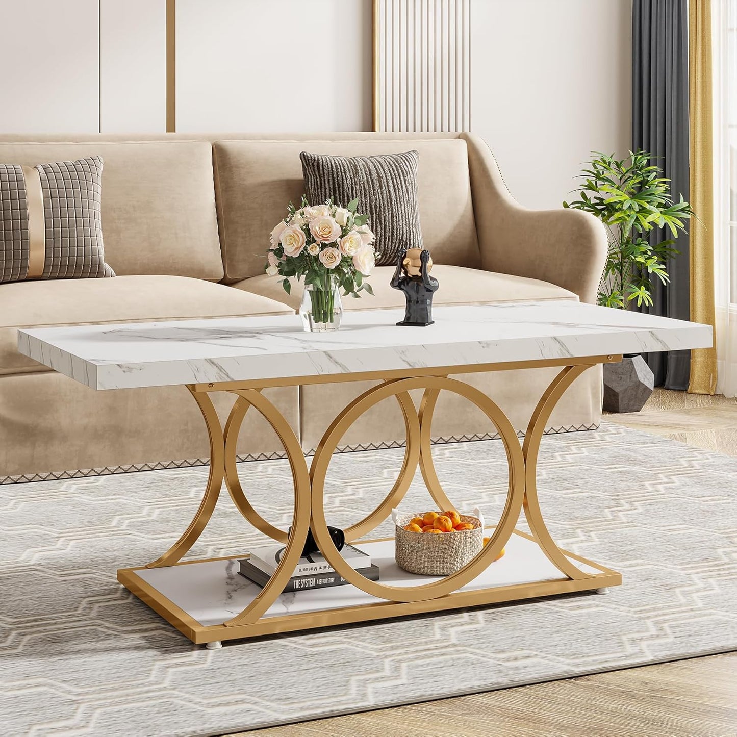 Rectangle Coffee Table, 46.45-Inch Modern Coffee Tables for Living Room, 2-Tier Faux Marble Wood Coffee Table with Geometric Legs, Furniture with Storage Shelf (White & Gold)
