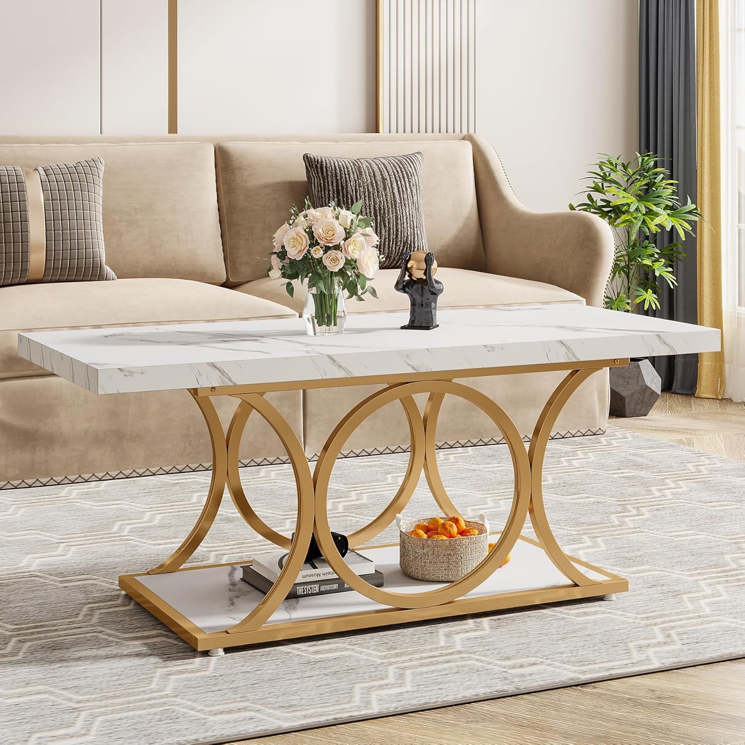 Rectangle Coffee Table, 46.45-Inch Modern Coffee Tables for Living Room, 2-Tier Faux Marble Wood Coffee Table with Geometric Legs, Furniture with Storage Shelf (White & Gold)
