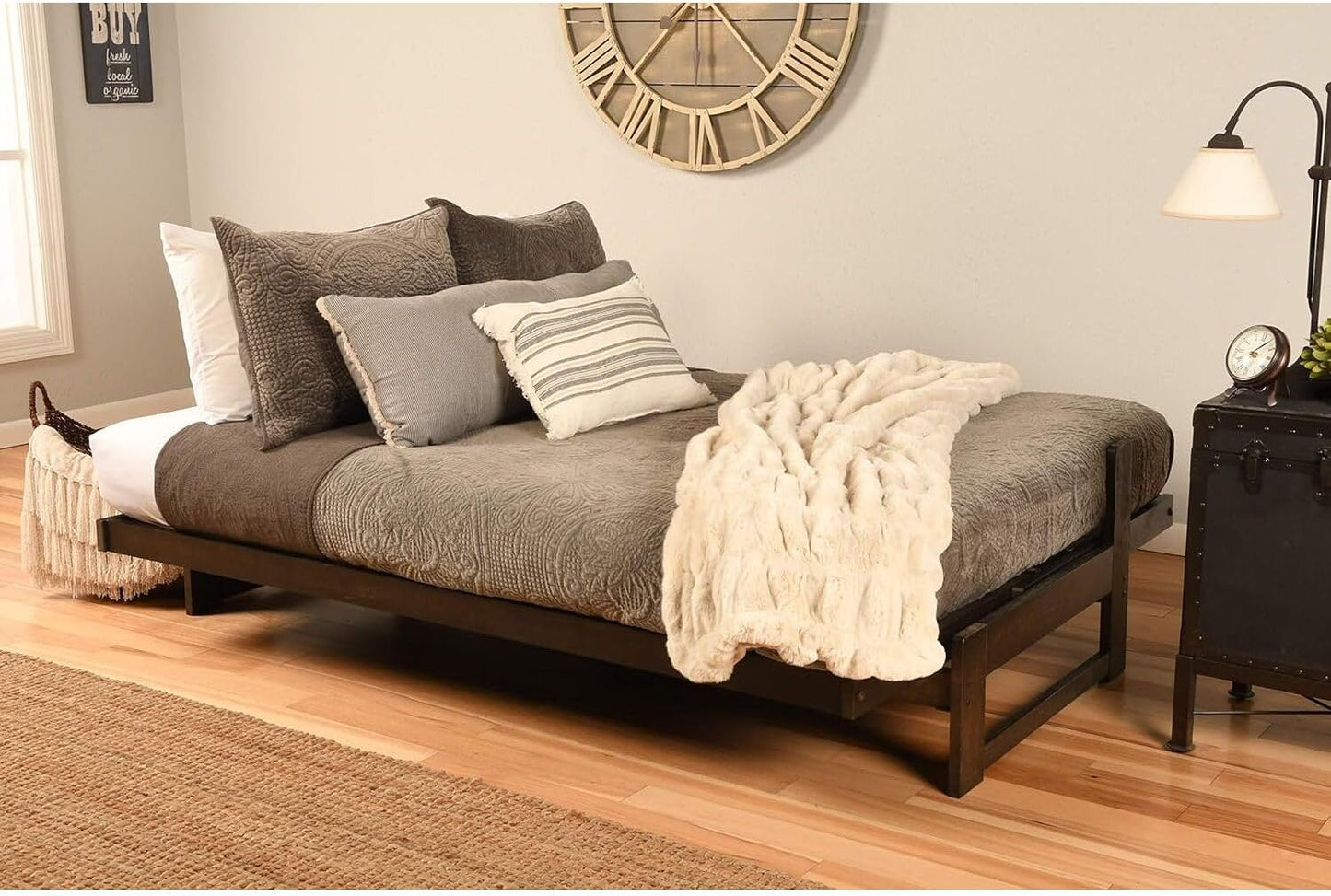 Full Size Futon Frame Set - Convertible Sofa Bed - Hardwood Mocha Finish Suede Gray