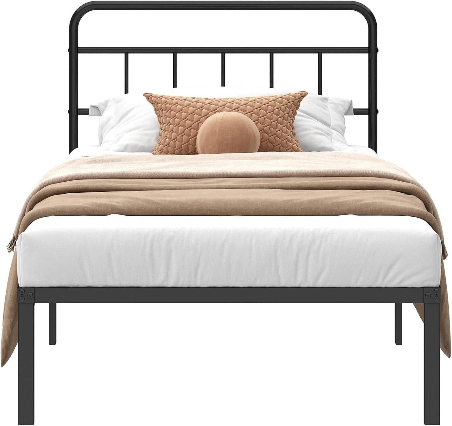 12 Inches Twin Size Bed Frame with Minimalist Headboard,Metal Platform Base with Strong Metal Slats,Mattress Foundation for under Bed Storage,Easy Assembly,Black
