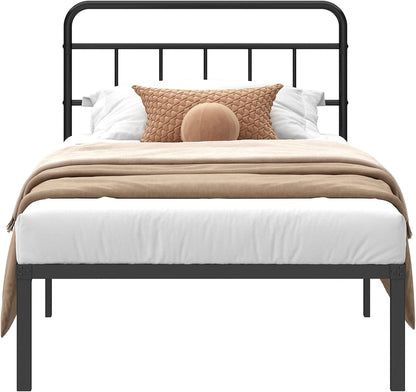 12 Inches Twin Size Bed Frame with Minimalist Headboard,Metal Platform Base with Strong Metal Slats,Mattress Foundation for under Bed Storage,Easy Assembly,Black