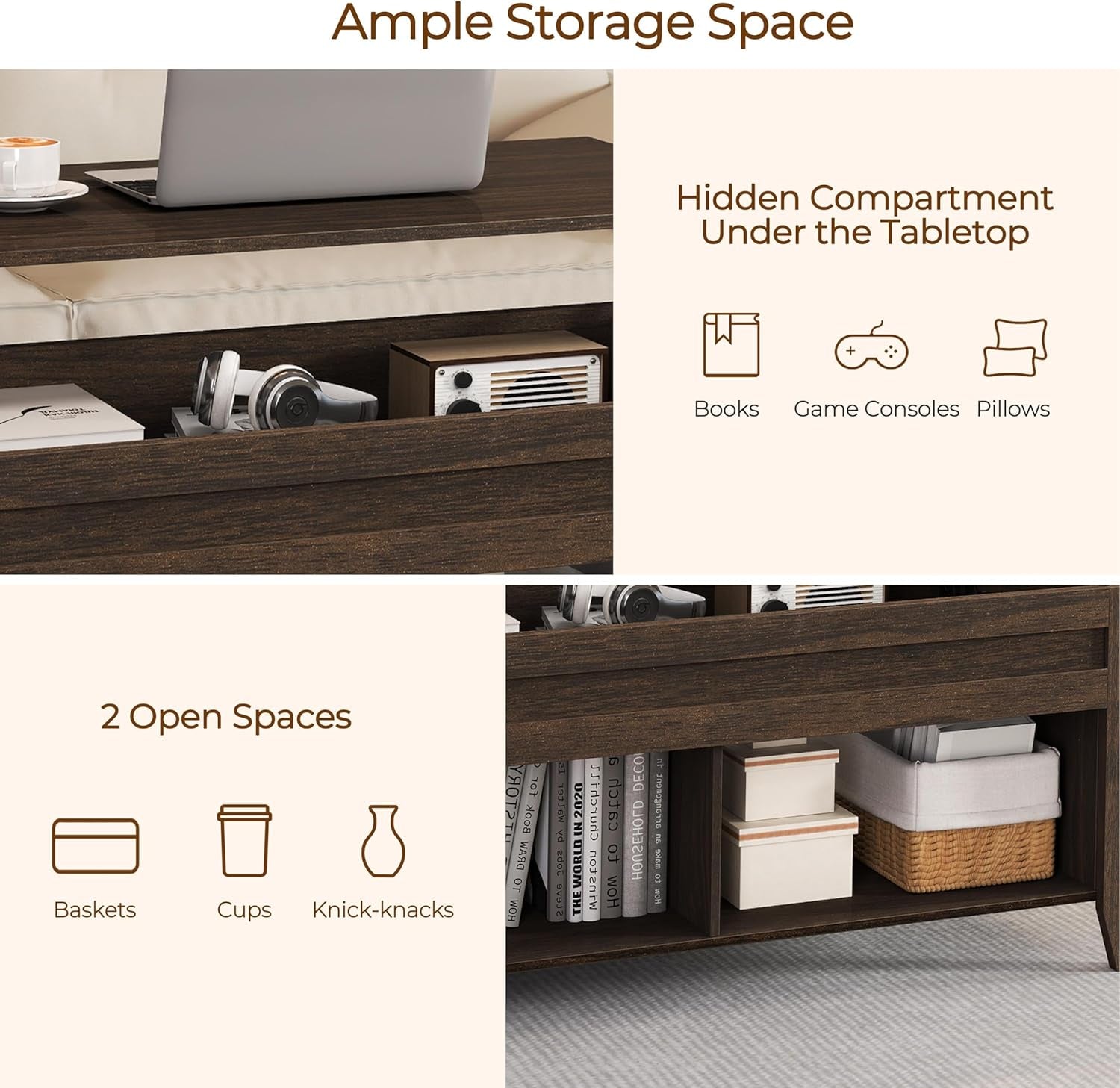 Lift Top Coffee Table with Hidden Storage Compartment & Seperated Lower Shelf, Lift up Coffee Table, Rising Tabletop Dining Table for Living Room, 39.5 in L, Espresso