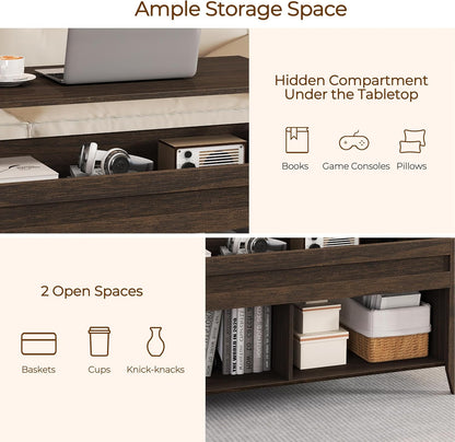 Lift Top Coffee Table with Hidden Storage Compartment & Seperated Lower Shelf, Lift up Coffee Table, Rising Tabletop Dining Table for Living Room, 39.5 in L, Espresso
