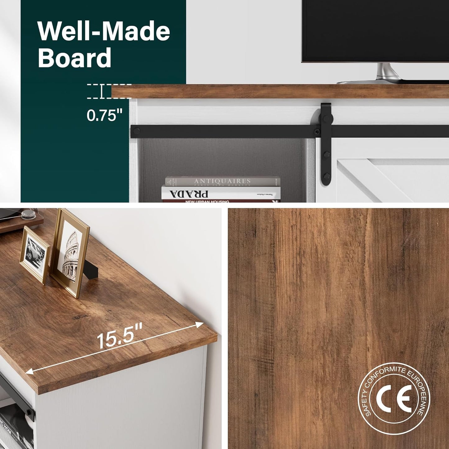 TV Stand with 4 Drawers for 65 Inch TV, Entertainment Center with Storage Cabinets and Sliding Barn Doors, Mid Century Modern Media TV Console Table for Living Room Bedroom (Bright White)