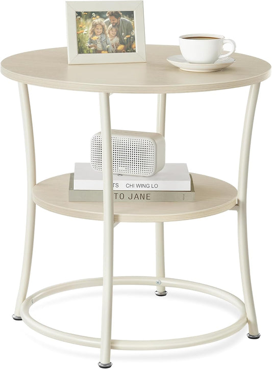 Side Table, 2-Tier round End Table, Nightstand with Steel Frame for Small Spaces, Living Room, Bedroom, Natural Beige