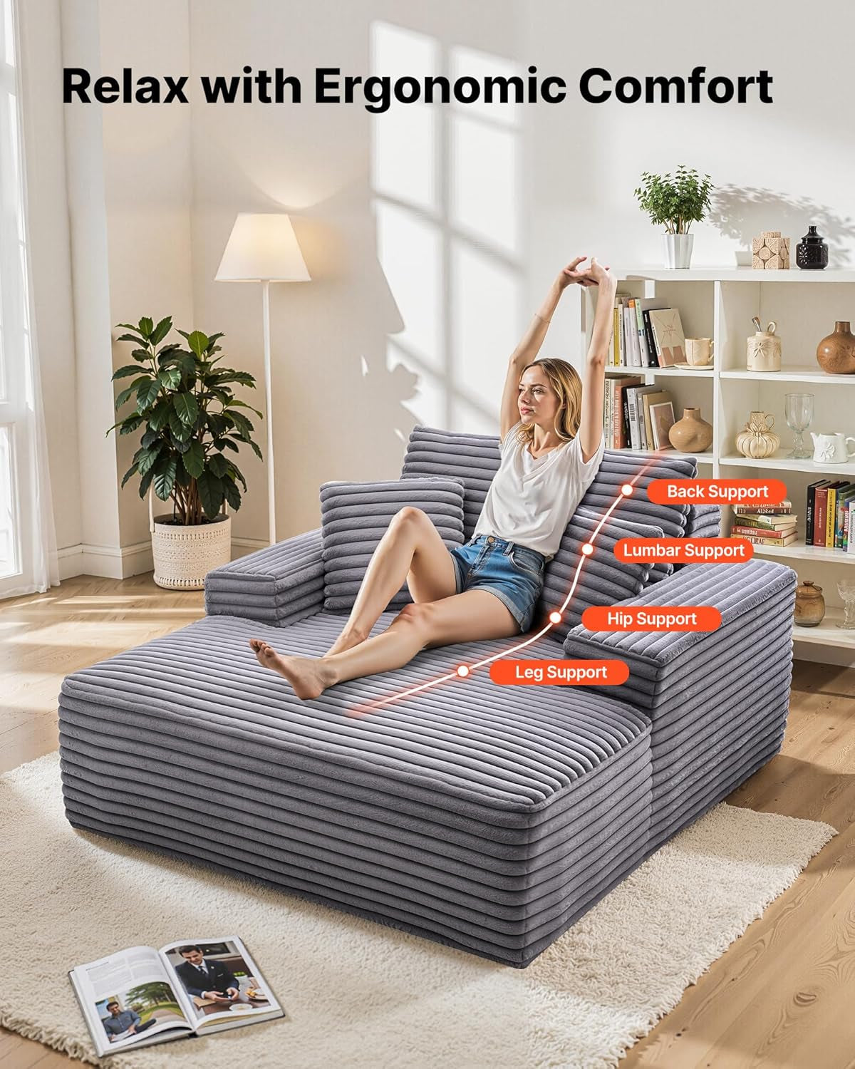 Chaise Lounge Chair, 48 in Boneless Chaise Lounge Indoor, Modern Upholstered Oversized Reading Chair with Throw Pillows & Armrests, Sofa Couch Deep Seat Sleeper for Living Room, Bedroom, Balcony