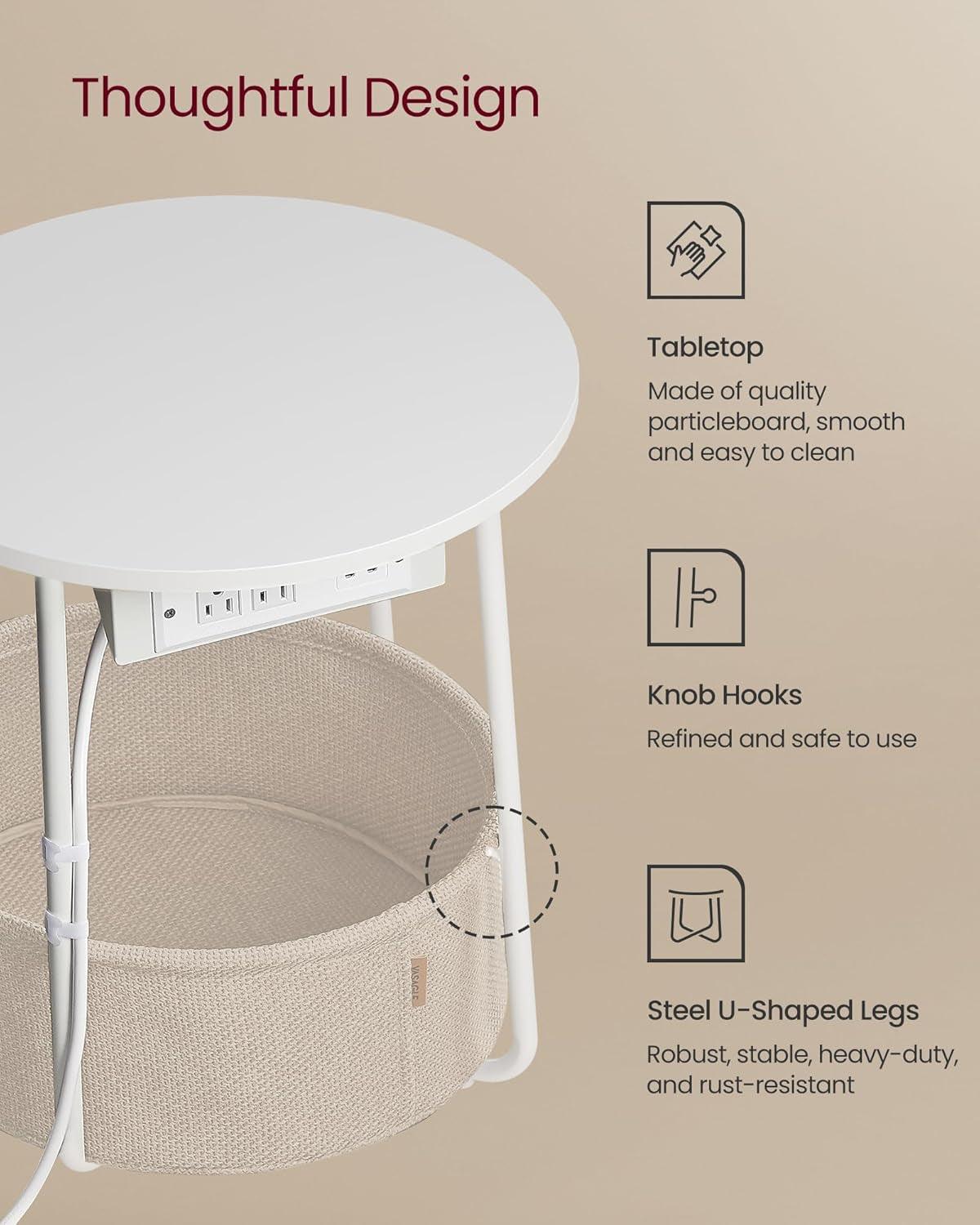 LILEA Collection - Side Table with Charging Station, round End Table with Fabric Basket, Nightstand with USB Ports, for Living Room, Bedroom, Modern, Matte White and Camel Brown ULET228W01