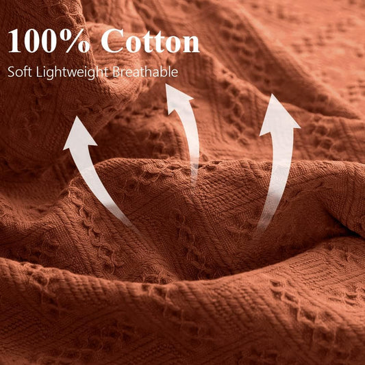 100% Cotton Throw Blanket for Bed, Couch, Boho Luxury Geometric Woven Blanket with Tassels Soft Lightweight Cozy Breathable, Vintage Farmhouse Decoration for All-Season(Rust Orange)