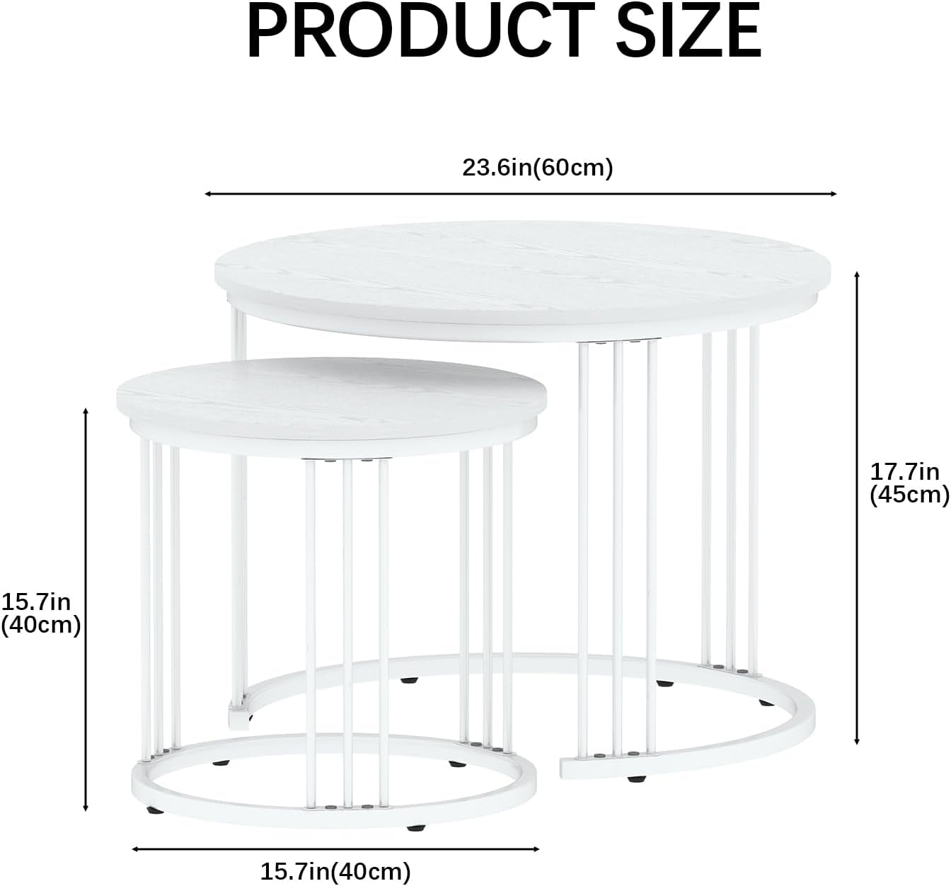 Nesting Coffee Table, 23.6" round Coffee Table Set of 2, Wooden Nesting Table with Metal Frame, Ceter Tables for Living Room Bedroom Balcony, White